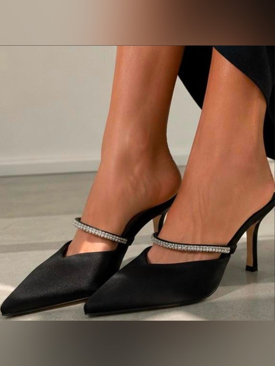 Jewel By Badgley Mischka Black Satin Pointed-Toe Mule Heels With Crystal Strap 9